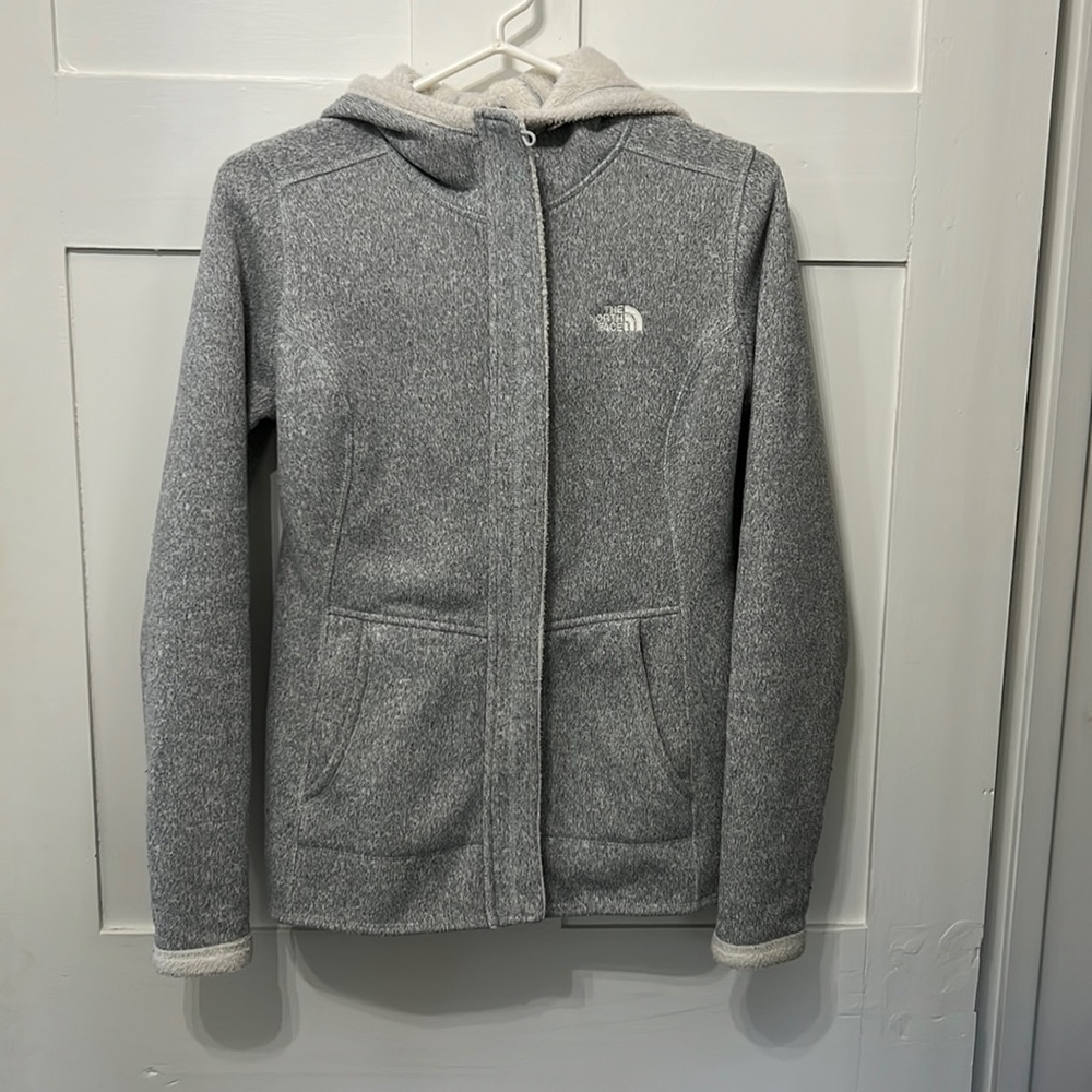 Grey Hooded North Face zip-up